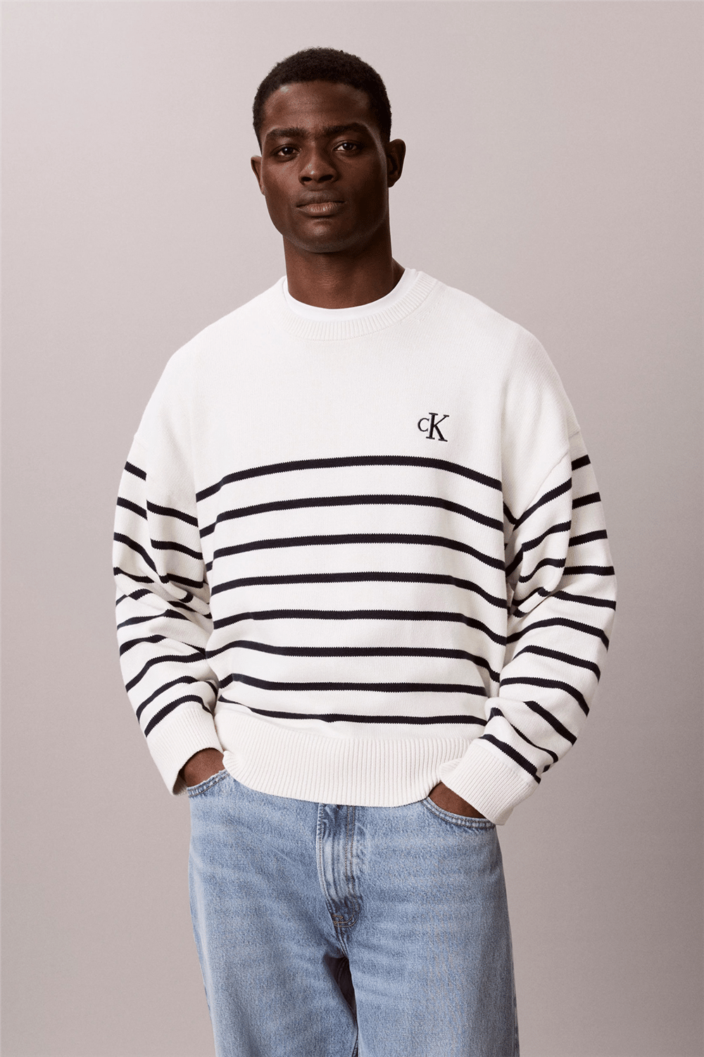 Calvin Klein Ls Rlxd Cotton Crewnk Swtr 7Gg Erkek Triko Beyaz