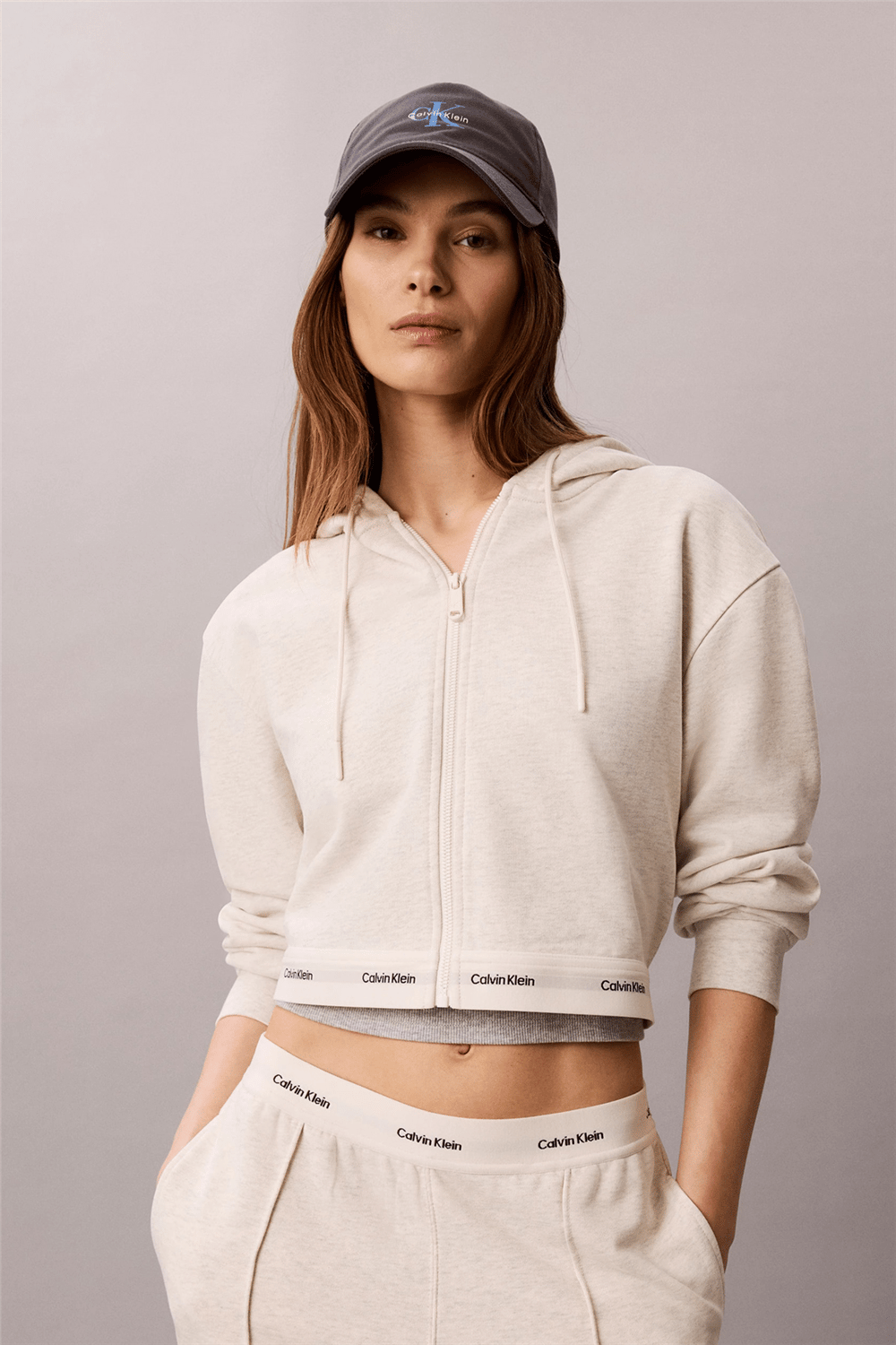 Calvin Klein Ls Terry Logo Waist Cropped Fz H Kadın Bisiklet Yaka Sweatshirt Gri