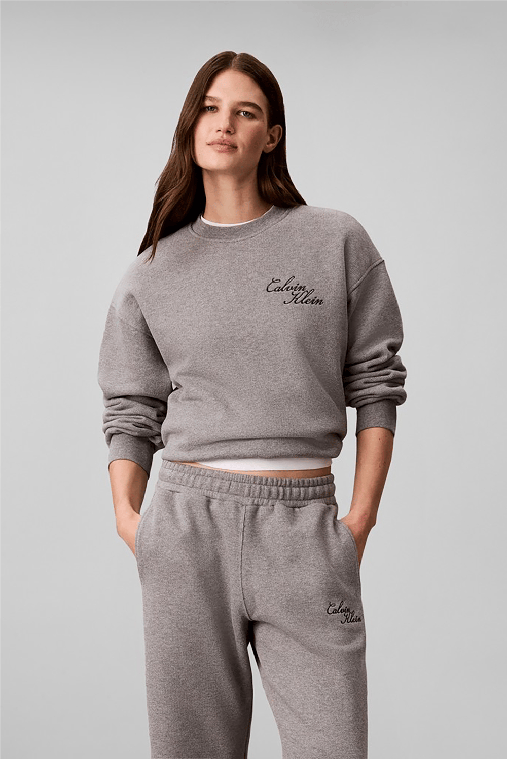 Calvin Klein Ls Textured Fleece Crewneck Kadın Bisiklet Yaka Sweatshirt Gri