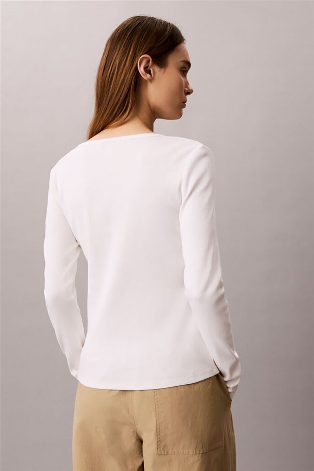 Calvin Klein Ls Woven Label 2X2 Baby Rib Scoo Kadın Bisiklet Yaka T-Shirt Beyaz