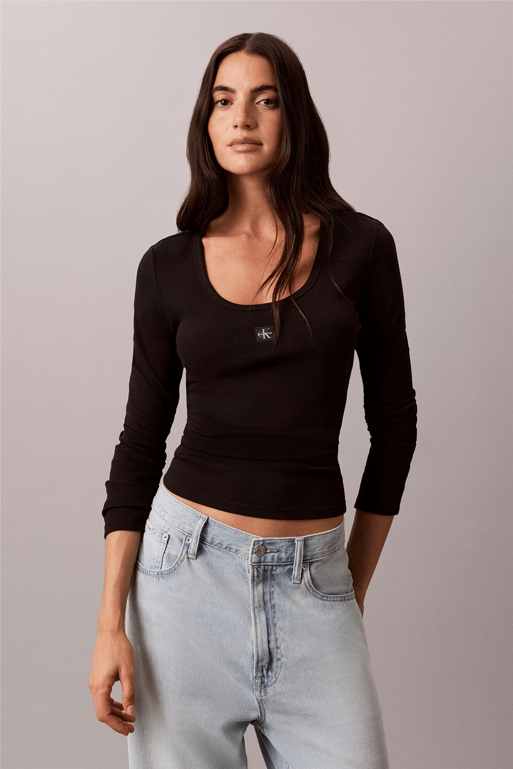 Calvin Klein Ls Woven Label 2X2 Baby Rib Scoo Kadın Bisiklet Yaka T-Shirt Siyah