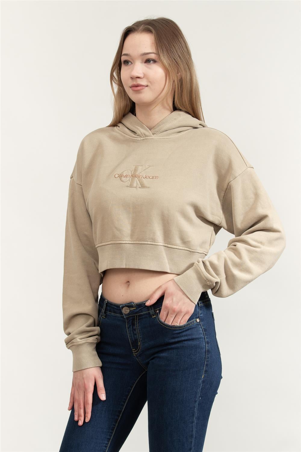 Calvin Klein Mineral Dye Monologo Kadın Kapüşonlu Sweatshirt Gri
