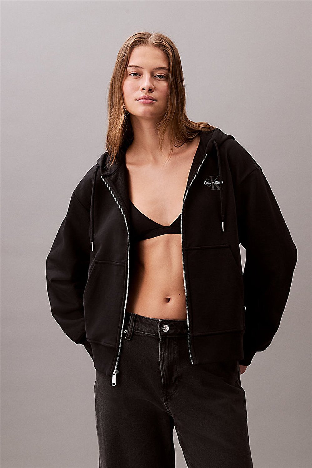 Calvin Klein Monologo French Terry Fz Bf Hood Kadın Kapüşonlu Sweatshirt Siyah