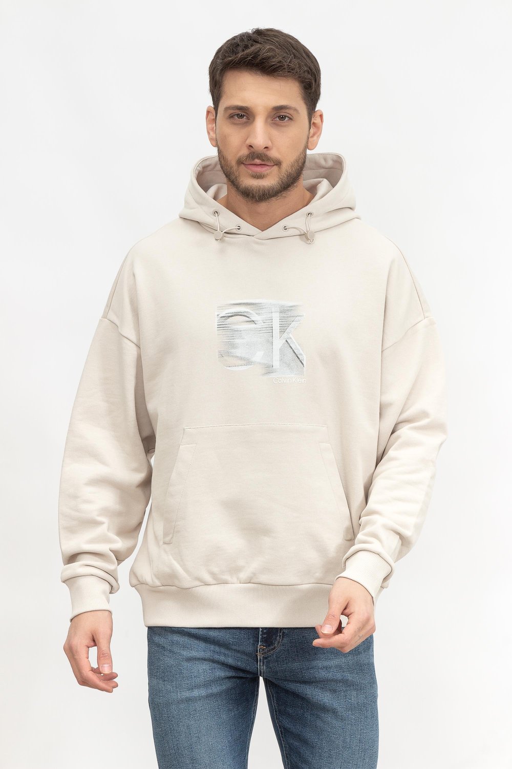 Calvin Klein Motion Logo Mod Comfort Hoodie Erkek Kapüşonlu Sweatshirt Bej