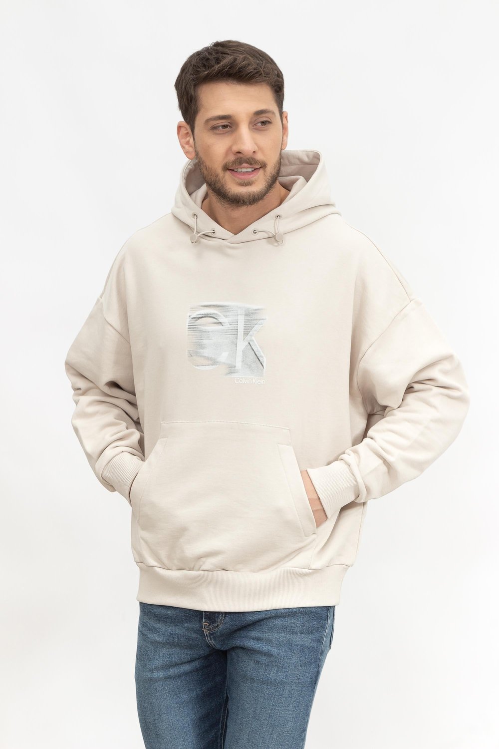 Calvin Klein Motion Logo Mod Comfort Hoodie Erkek Kapüşonlu Sweatshirt Bej