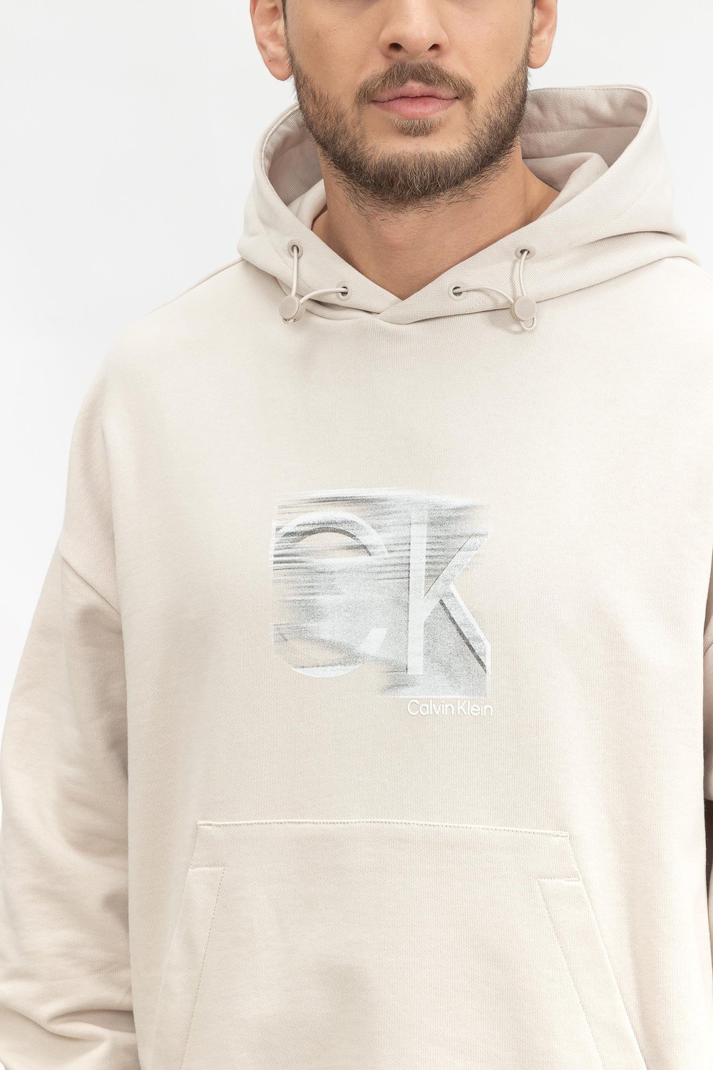 Calvin Klein Motion Logo Mod Comfort Hoodie Erkek Kapüşonlu Sweatshirt Bej
