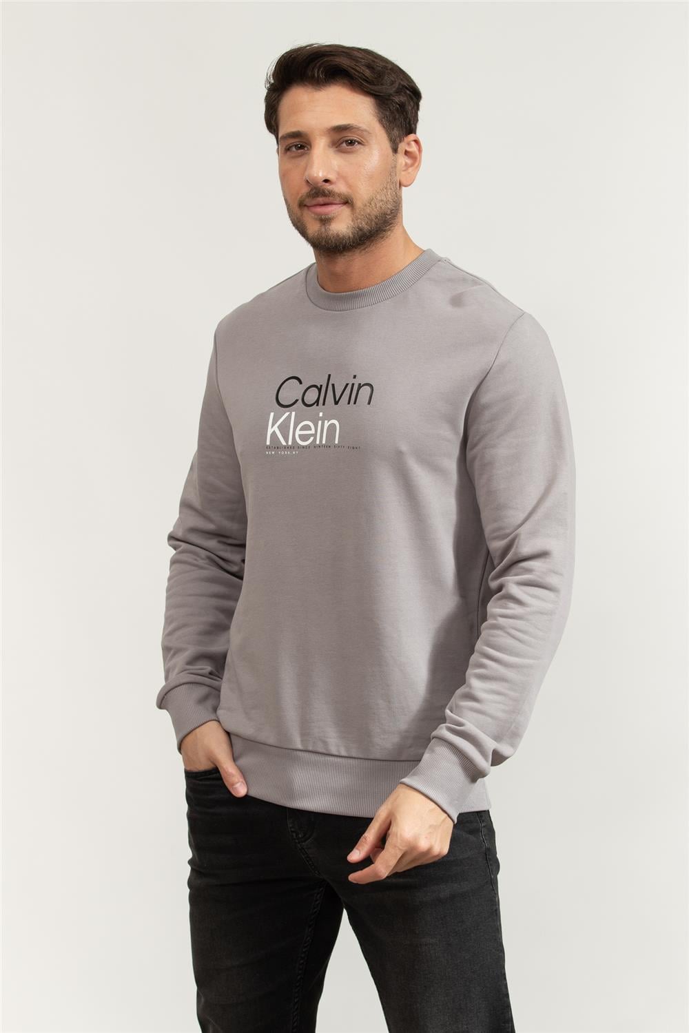 Calvin Klein Multi Color Logo Erkek Bisiklet Yaka Sweatshirt Gri