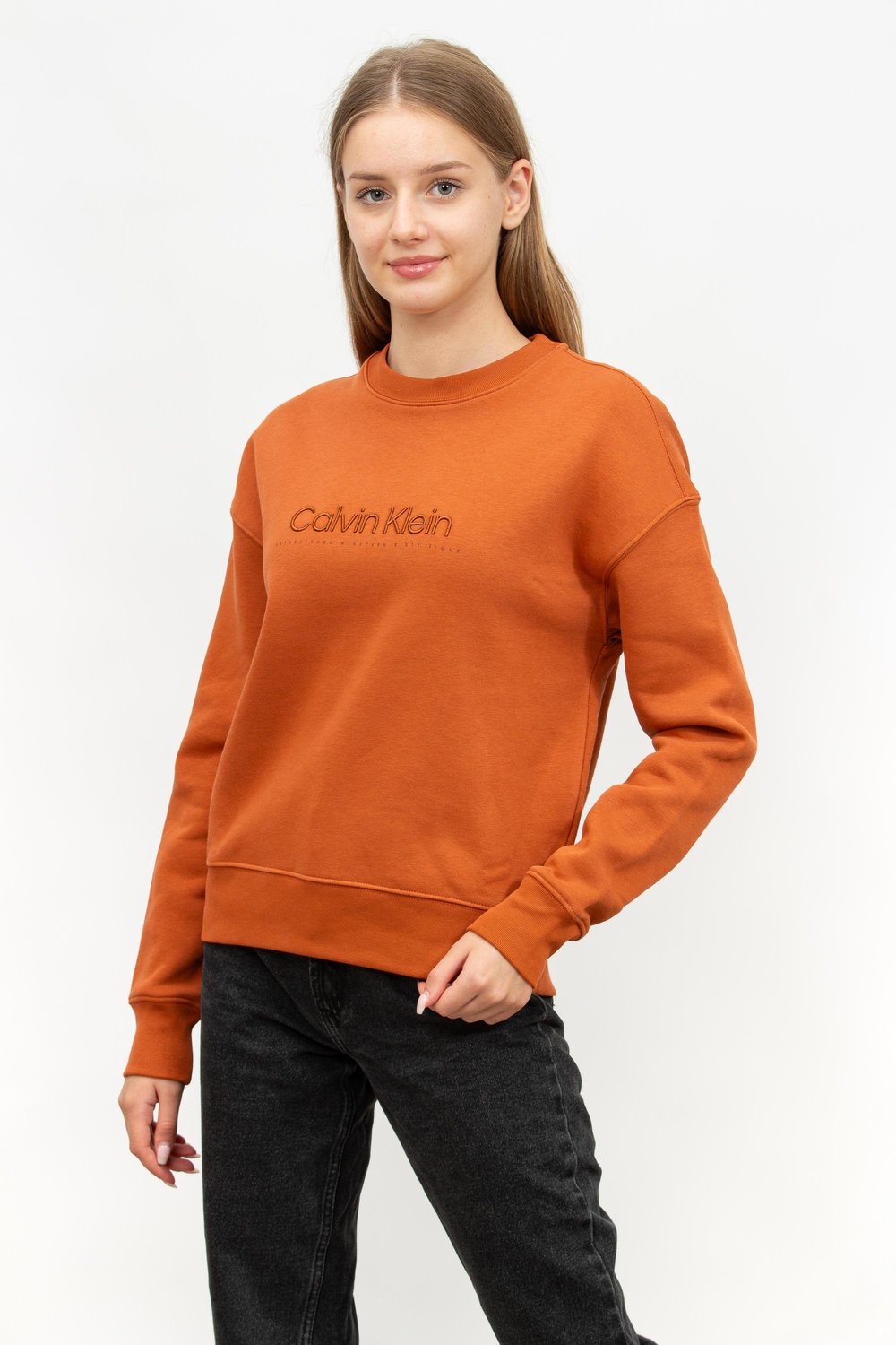 Calvin Klein Satin Embroidery Kadın Bisiklet Yaka Sweatshirt Kahverengi