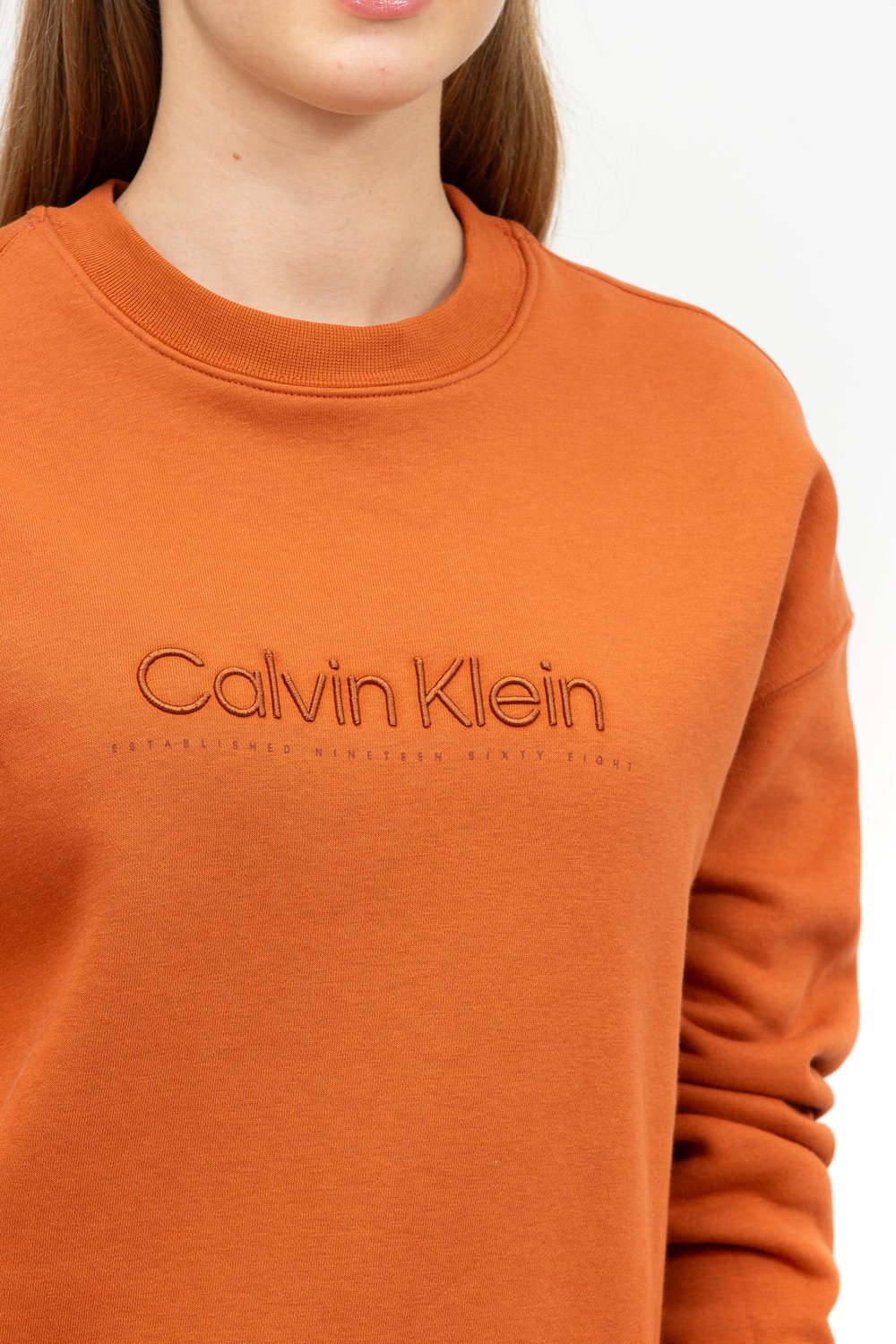 Calvin Klein Satin Embroidery Kadın Bisiklet Yaka Sweatshirt Kahverengi