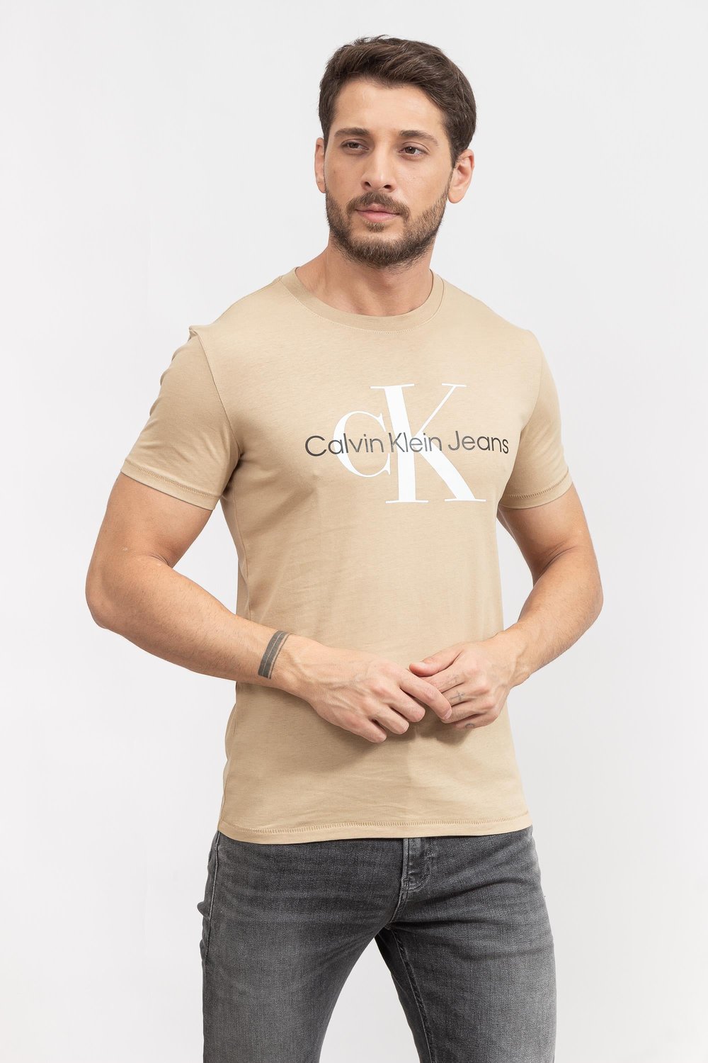 Calvin Klein Seasonal Monologo Erkek Bisiklet Yaka T-Shirt Bej
