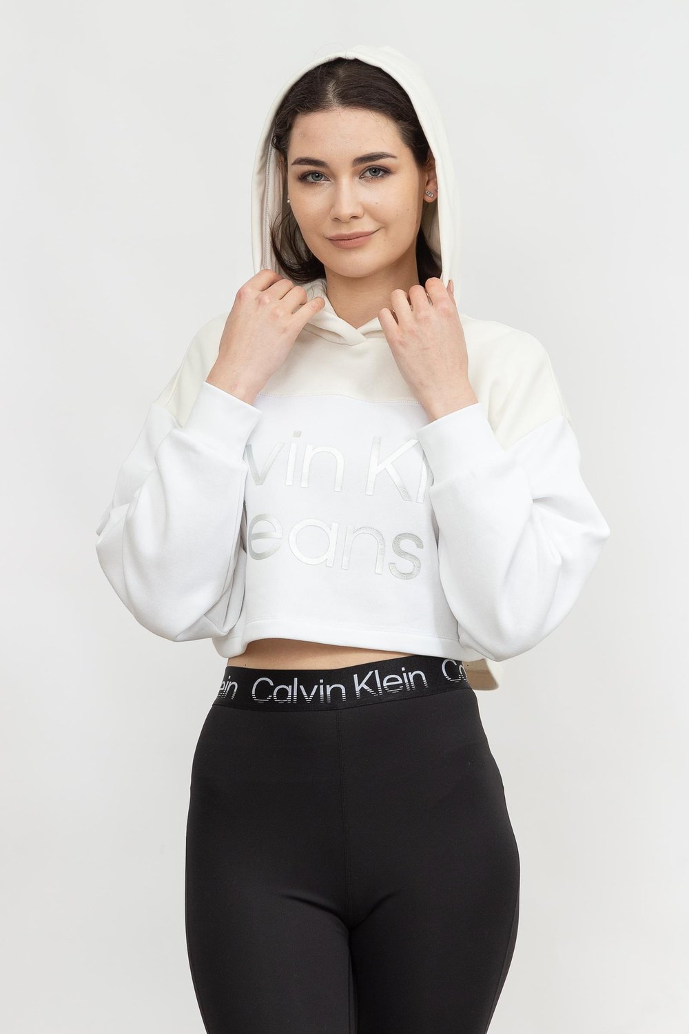 Calvin Klein Shiny institutional Hoodie Kadın Kapüşonlu Sweatshirt Beyaz