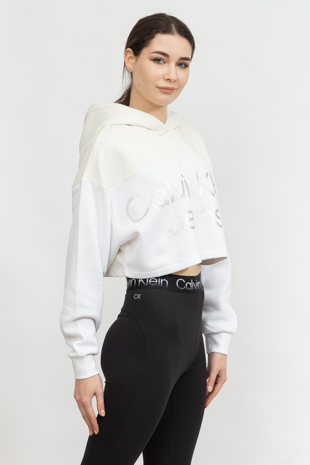 Calvin Klein Shiny institutional Hoodie Kadın Kapüşonlu Sweatshirt Beyaz