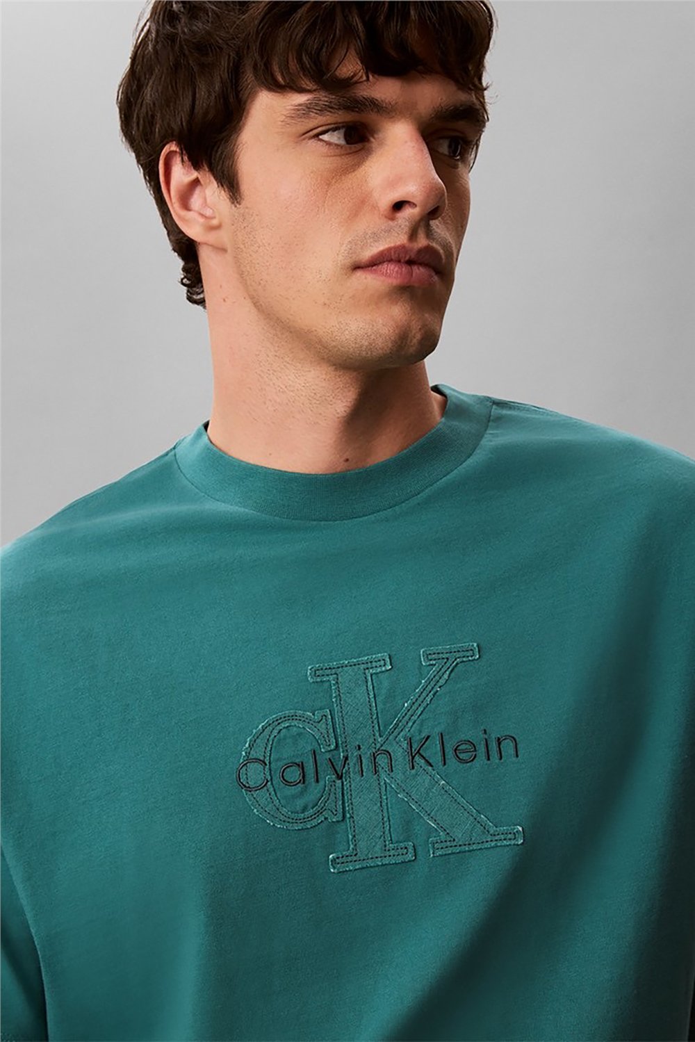 Calvin Klein Ss 16S Linen Applique Monologo T Erkek Bisiklet Yaka T-Shirt