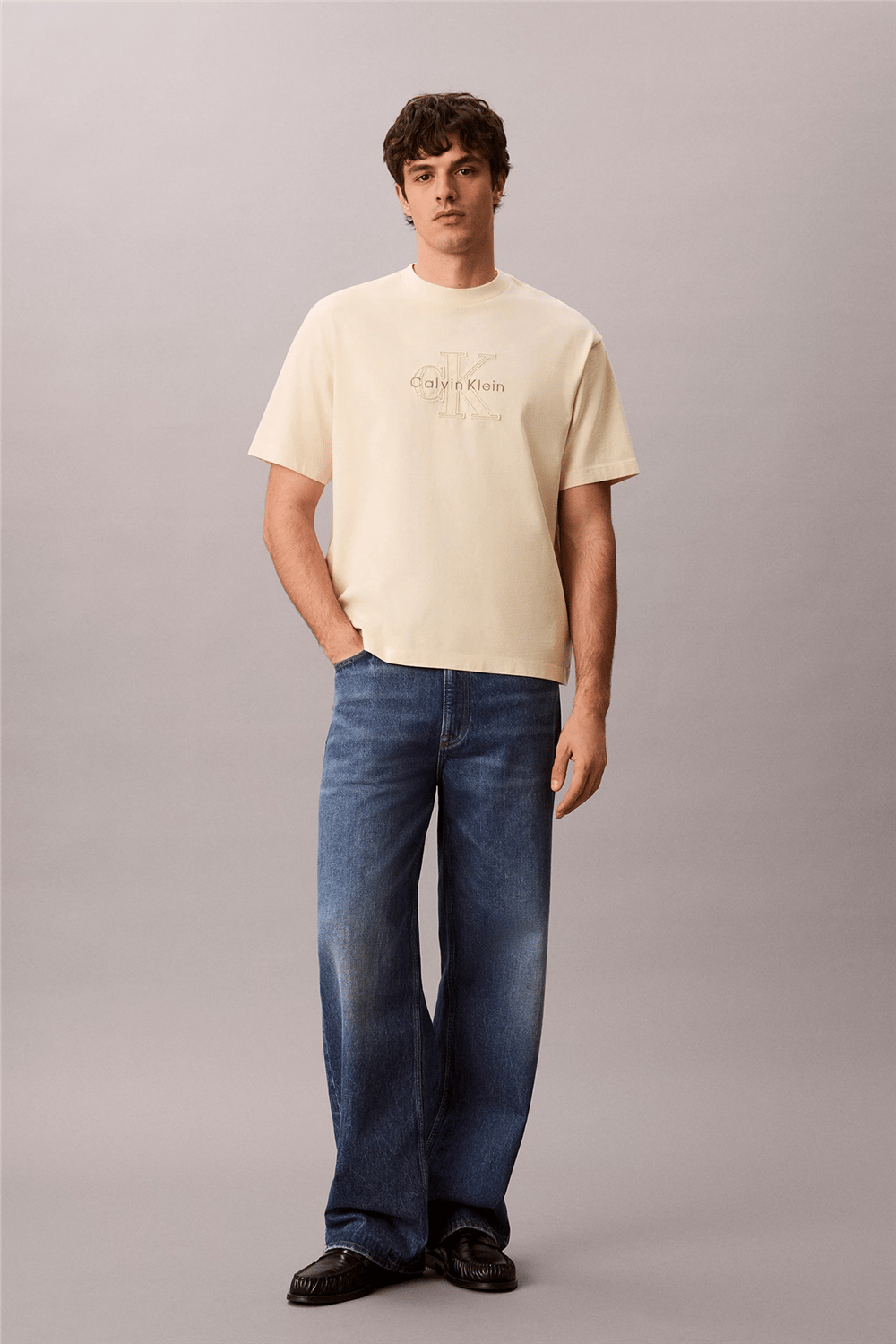 Calvin Klein Ss 16S Linen Applique Monologo T Erkek Bisiklet Yaka T-Shirt