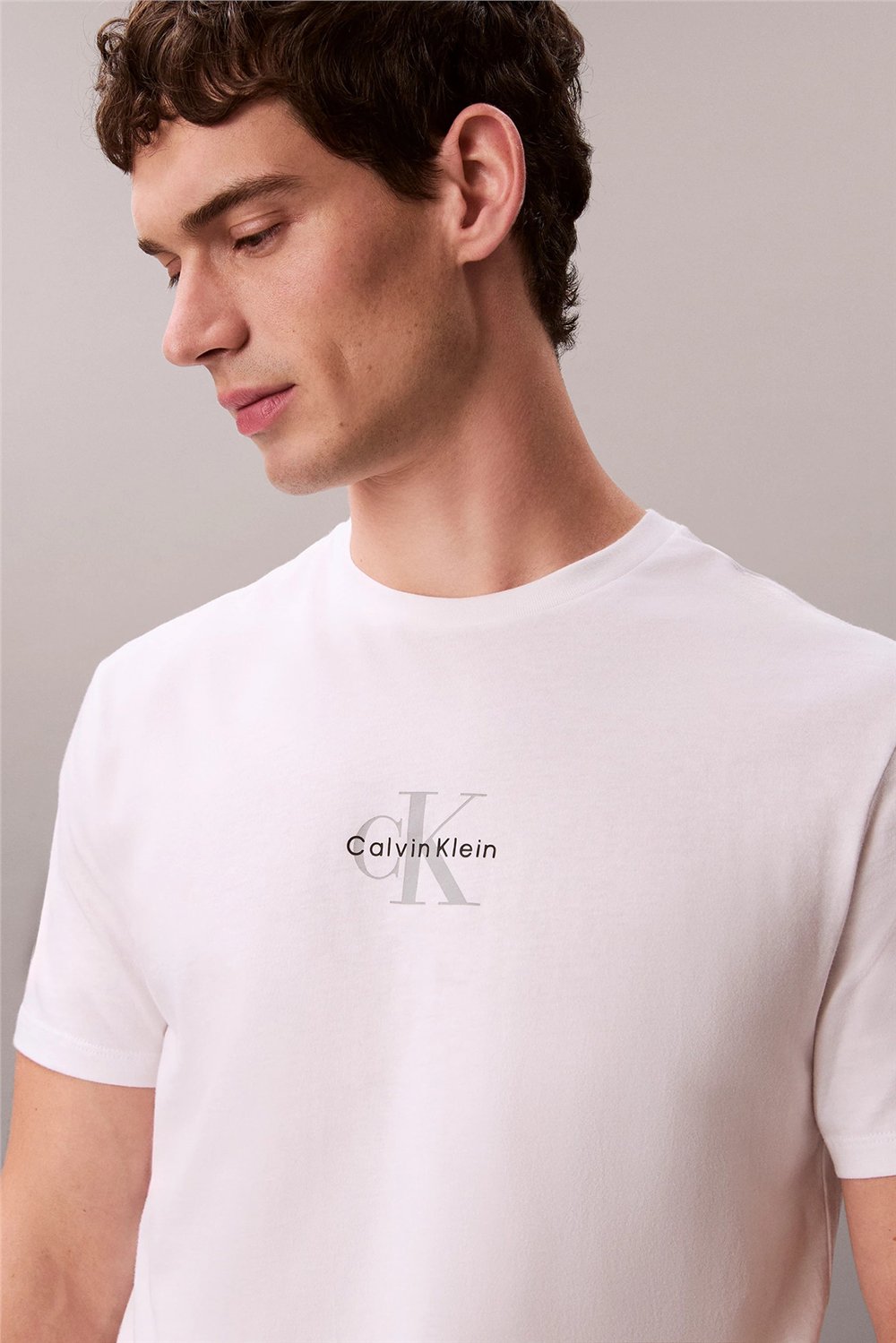 Calvin Klein Ss 30S Micro Monologo Tee Erkek Bisiklet Yaka T-Shirt Beyaz