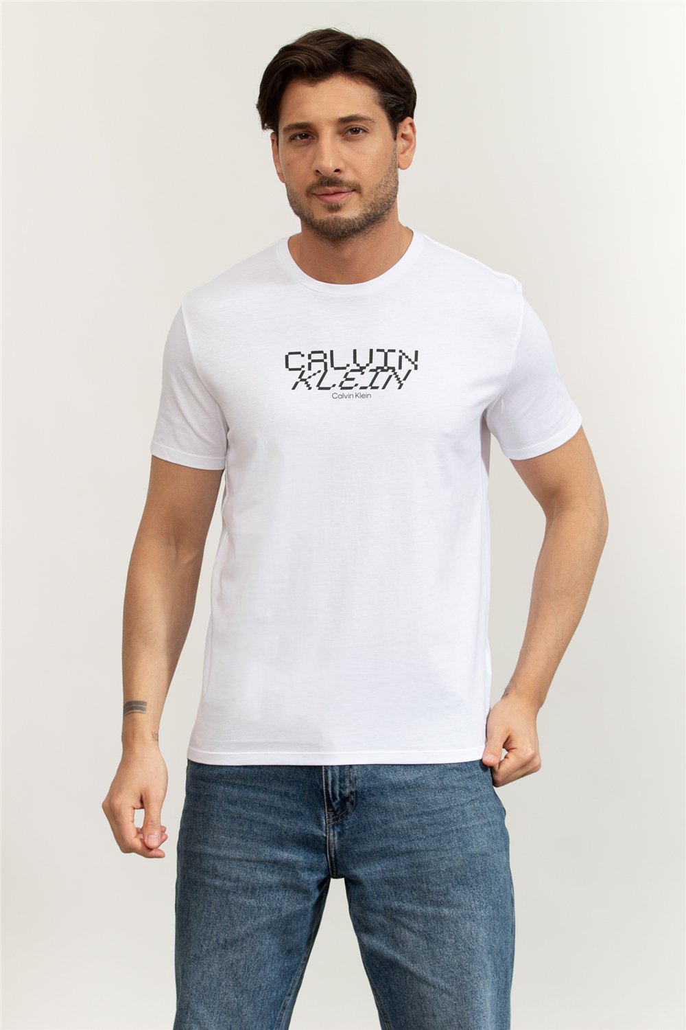 Calvin Klein SS 30S Whsl SP Calvin Futura Gra Erkek Bisiklet Yaka T-Shirt