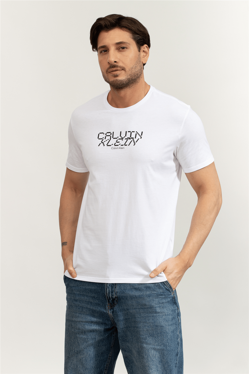 Calvin Klein SS 30S Whsl SP Calvin Futura Gra Erkek Bisiklet Yaka T-Shirt