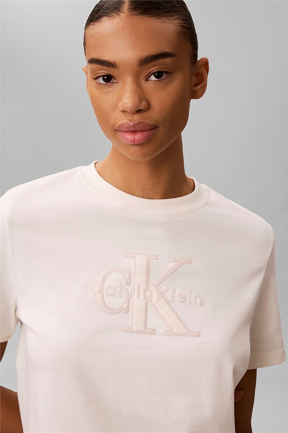 Calvin Klein Ss Baby Terry Hero Monologo Tee Kadın Bisiklet Yaka T-Shirt Beyaz