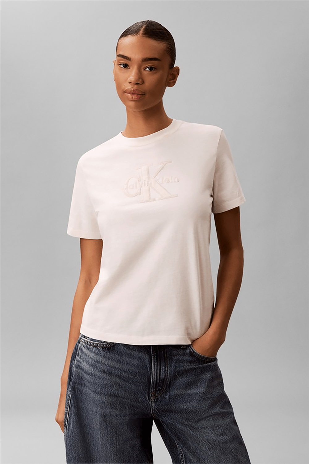 Calvin Klein Ss Baby Terry Hero Monologo Tee Kadın Bisiklet Yaka T-Shirt Beyaz