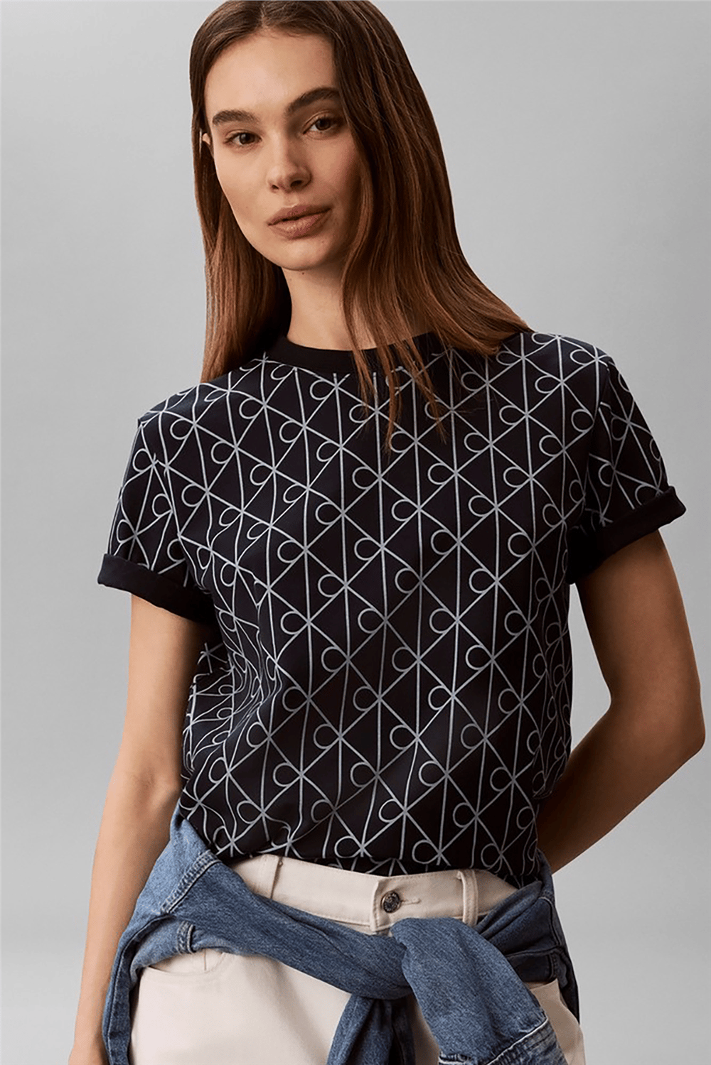 Calvin Klein Ss Classic Seasonal Aop Tee Kadın Bisiklet Yaka T-Shirt Lacivert