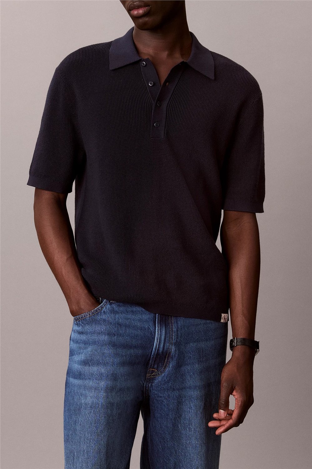 Calvin Klein Ss Cotton Waffle Polo Collarswtr Erkek Triko Lacivert