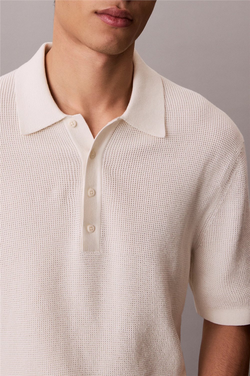Calvin Klein Ss Cotton Waffle Polo Collarswtr Erkek Triko Beyaz