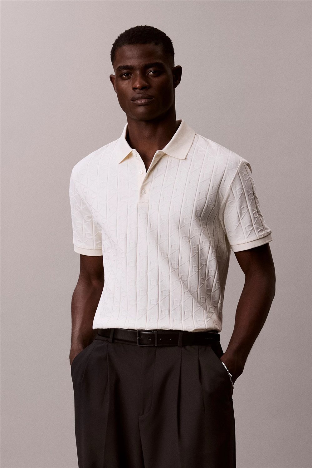 Calvin Klein Ss Dbl Merc Emblem Aop Polo Erkek Polo Yaka Triko Beyaz