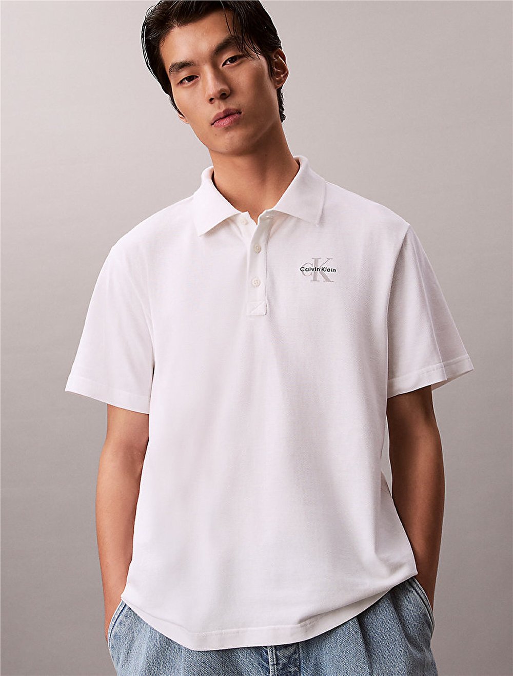 Calvin Klein Ss Easy Monologo Casual Pique Po Erkek Polo Yaka T-Shirt Beyaz
