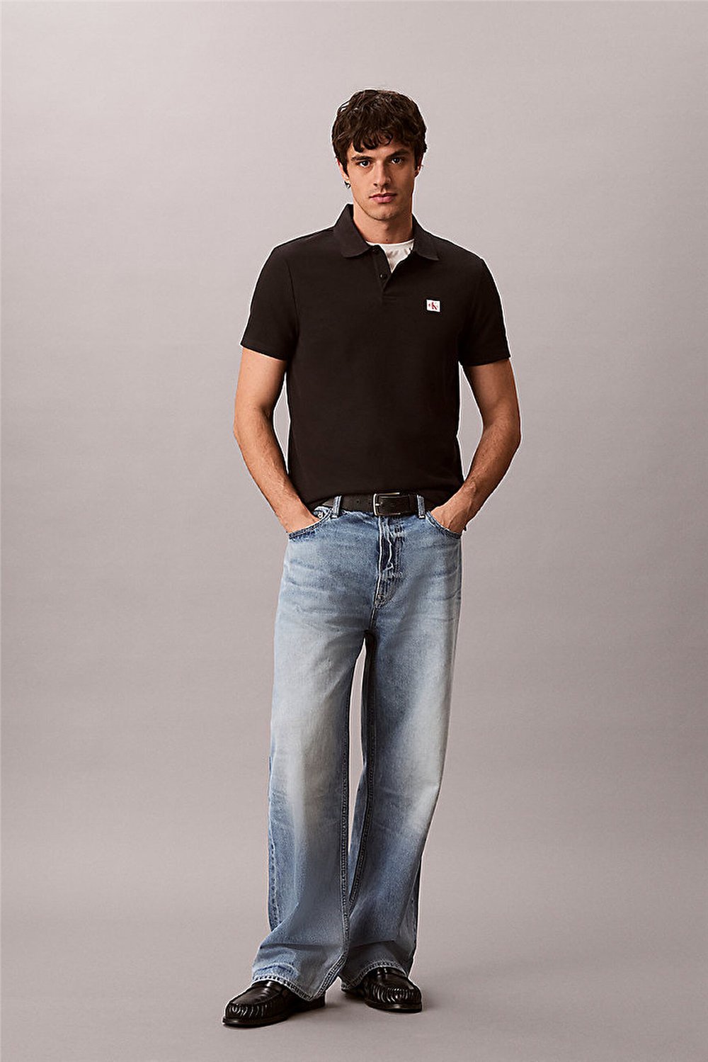 Calvin Klein Ss Microwaffle Woven Label Polo Erkek Polo Yaka T-Shirt Siyah
