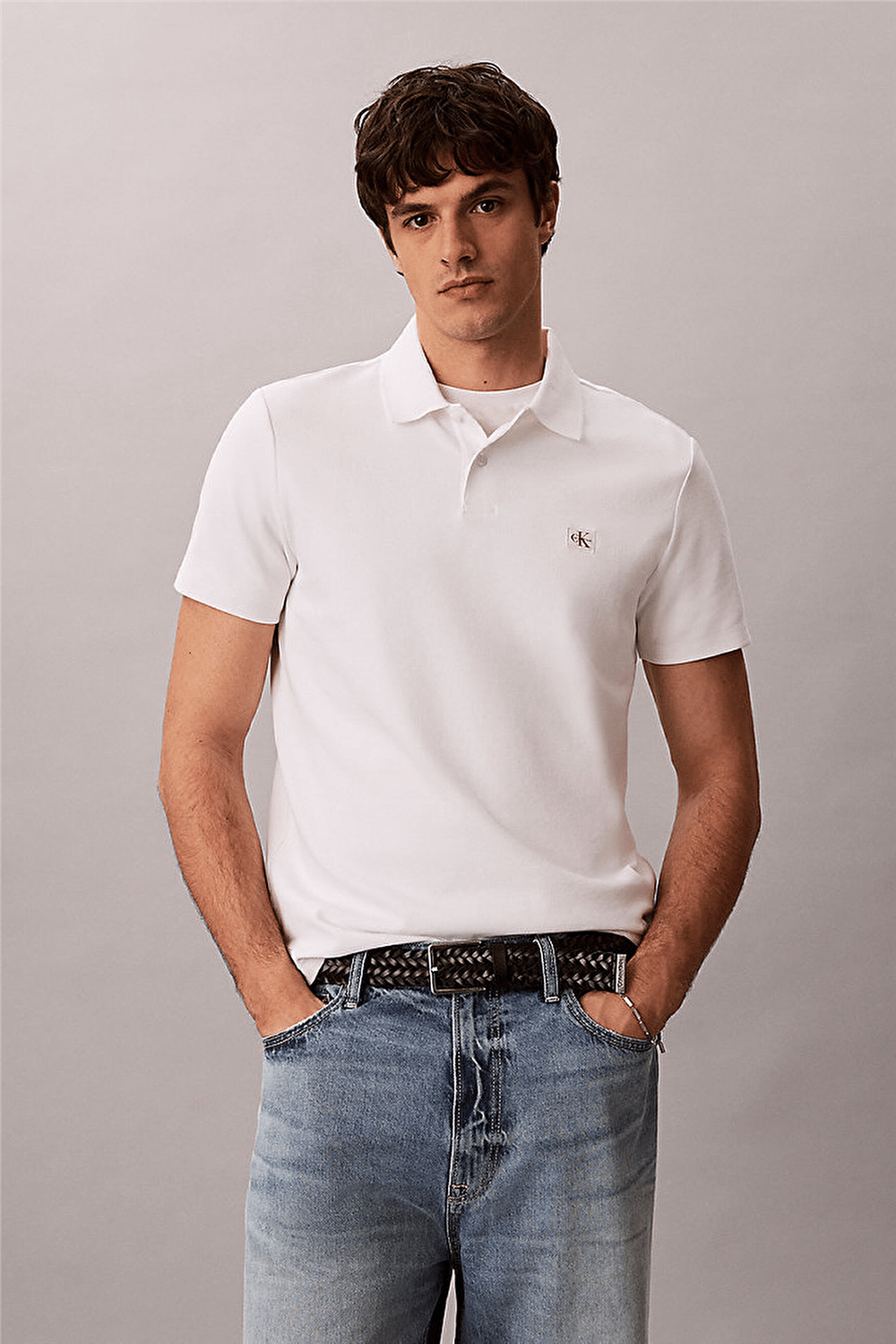 Calvin Klein Ss Microwaffle Woven Label Polo Erkek Polo Yaka T-Shirt Beyaz