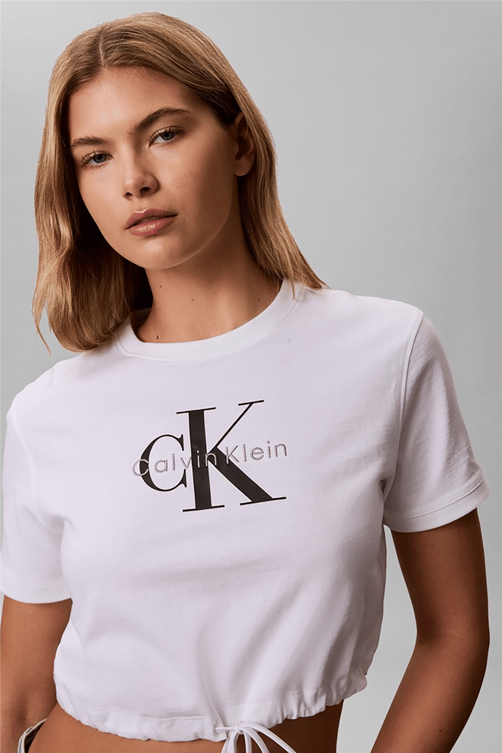 Calvin Klein Ss Monologo Cropped Tie Tee Kadın Bisiklet Yaka T-Shirt Beyaz