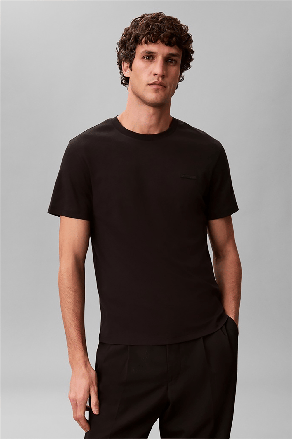Calvin Klein Ss Slim Supima Logo Patch Tee Erkek Bisiklet Yaka T-Shirt Siyah