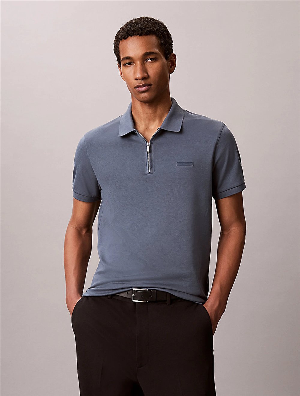 Calvin Klein SS Slim Supima Zip Polo Erkek Polo Yaka T-Shirt Gri