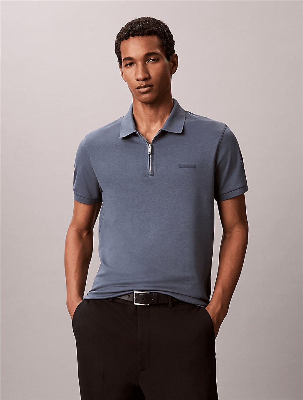 Calvin Klein SS Slim Supima Zip Polo Erkek Polo Yaka T-Shirt Gri