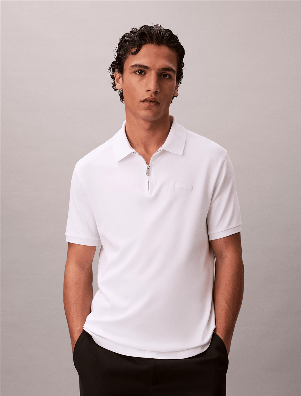 Calvin Klein SS Slim Supima Zip Polo Erkek Polo Yaka T-Shirt Beyaz