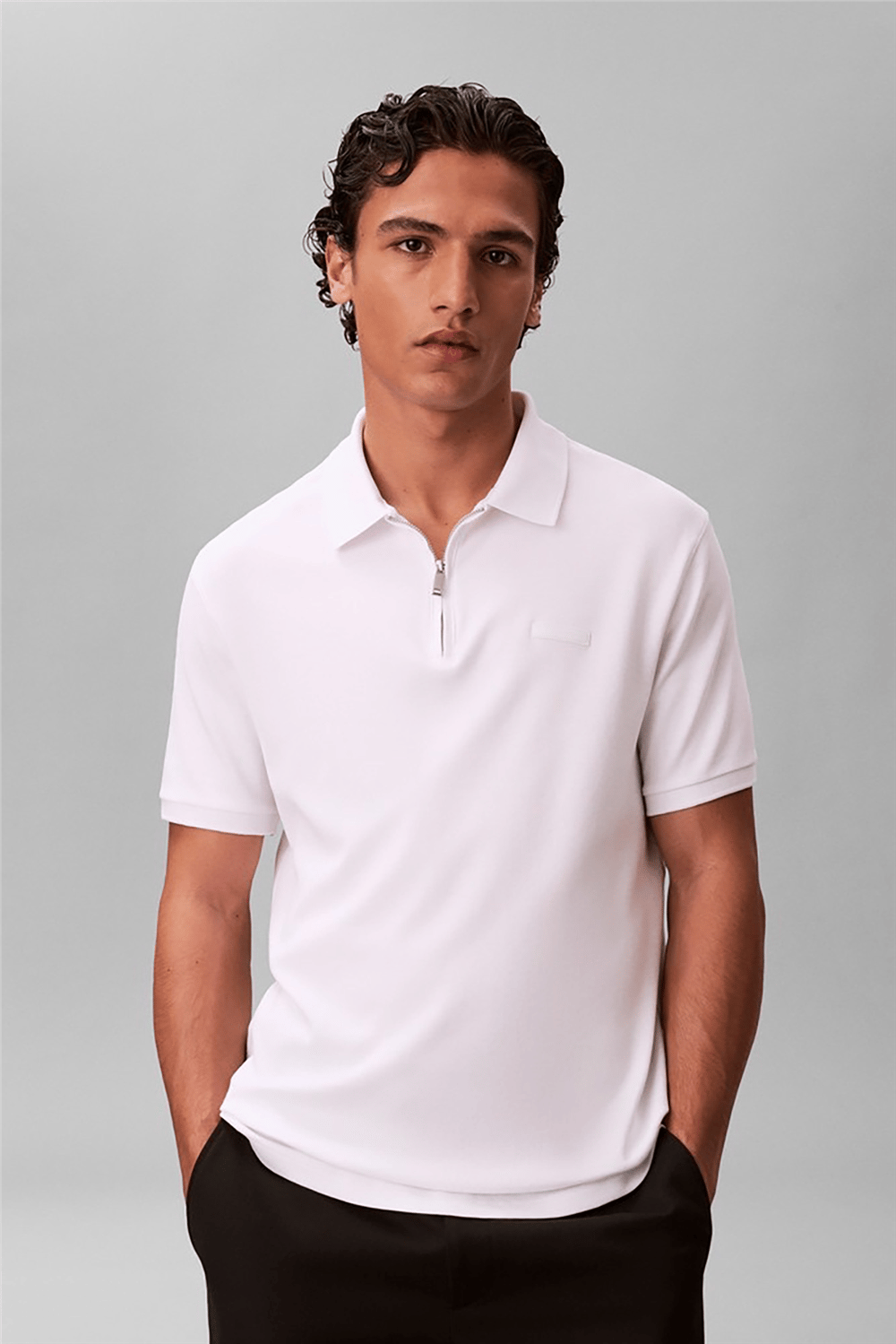 Calvin Klein SS Slim Supima Zip Polo Erkek Polo Yaka T-Shirt Beyaz