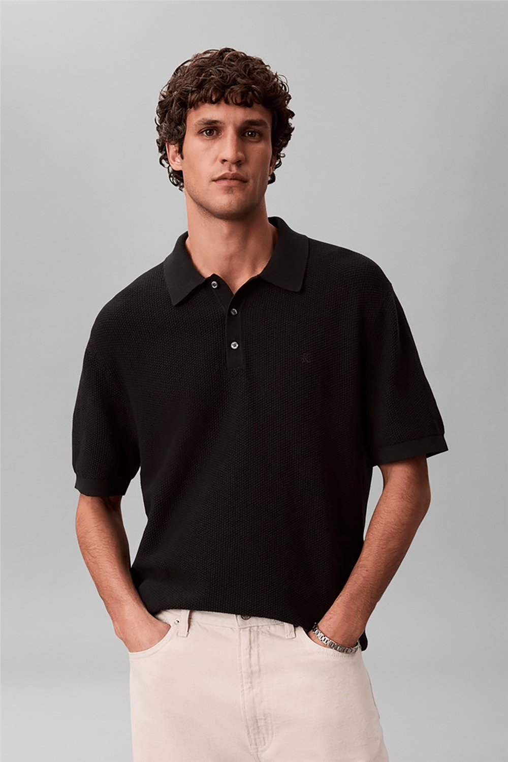 Calvin Klein Ss Txtrd Cttn Polo Swtr 12Gg Erkek Triko Siyah