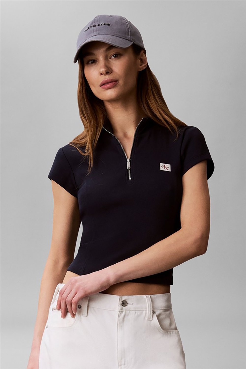 Calvin Klein Ss Woven Label 2X2 Baby Rib Zip Kadın Fermuarlı T-Shirt Lacivert