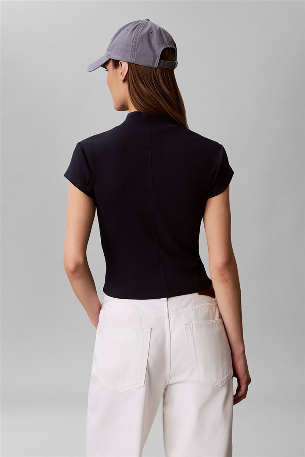 Calvin Klein Ss Woven Label 2X2 Baby Rib Zip Kadın Fermuarlı T-Shirt Lacivert