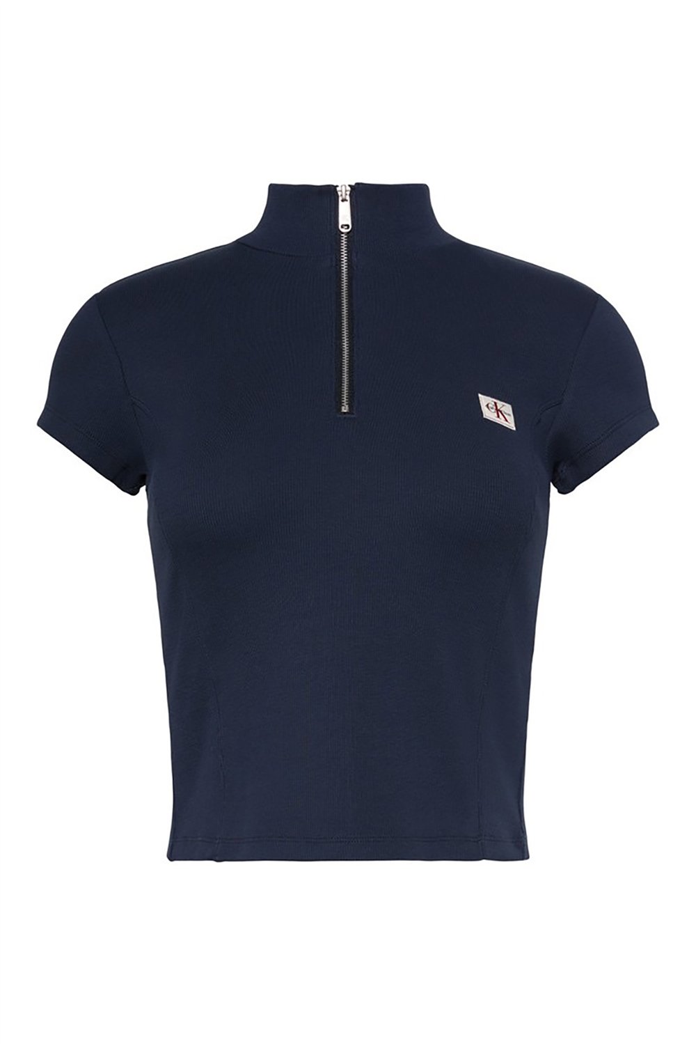 Calvin Klein Ss Woven Label 2X2 Baby Rib Zip Kadın Fermuarlı T-Shirt Lacivert