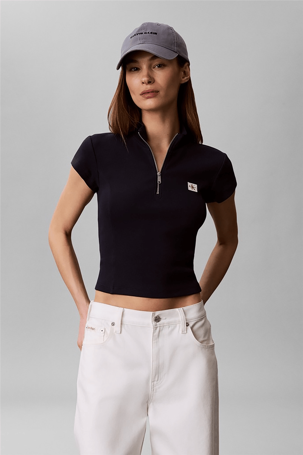 Calvin Klein Ss Woven Label 2X2 Baby Rib Zip Kadın Fermuarlı T-Shirt Lacivert