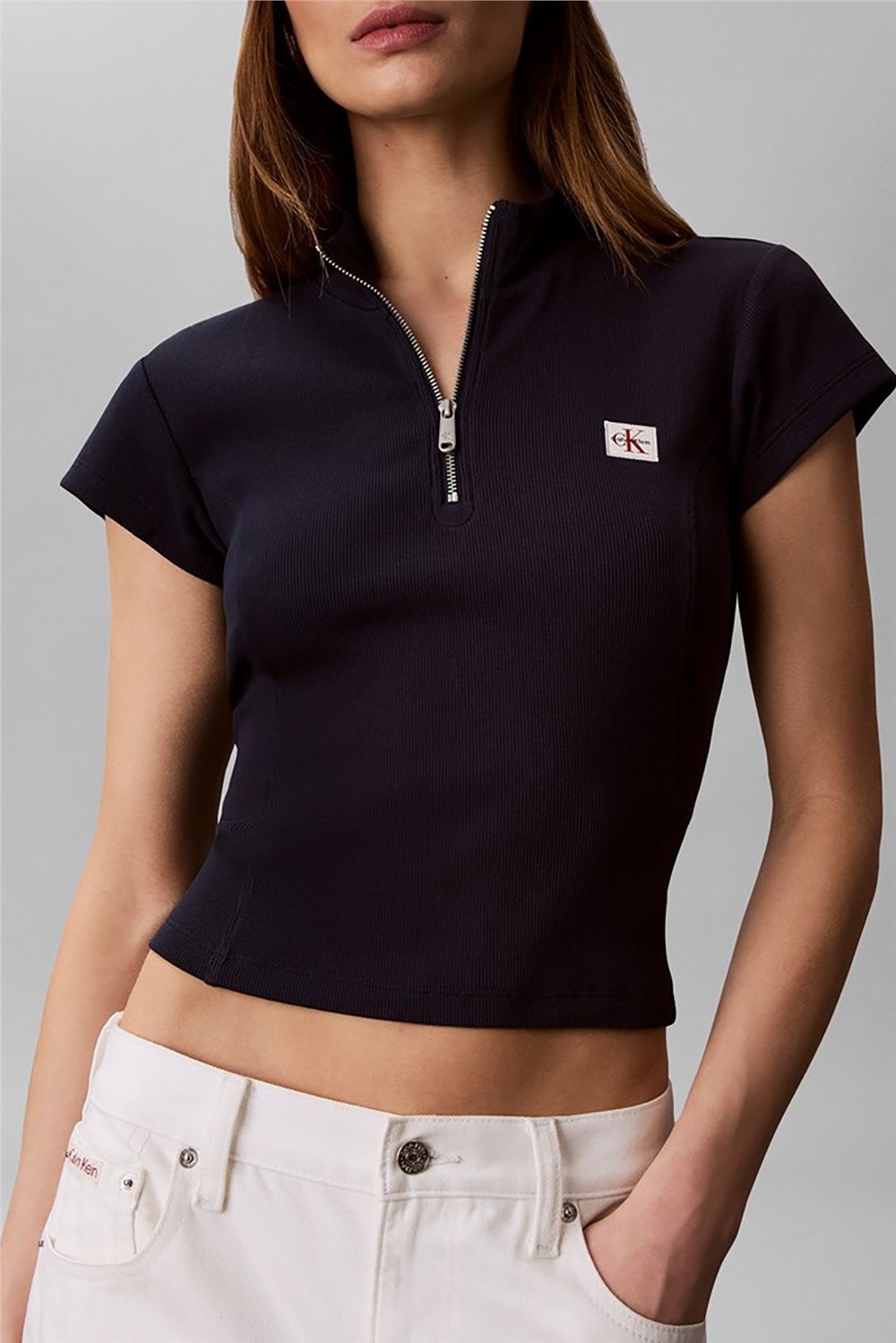 Calvin Klein Ss Woven Label 2X2 Baby Rib Zip Kadın Fermuarlı T-Shirt Lacivert