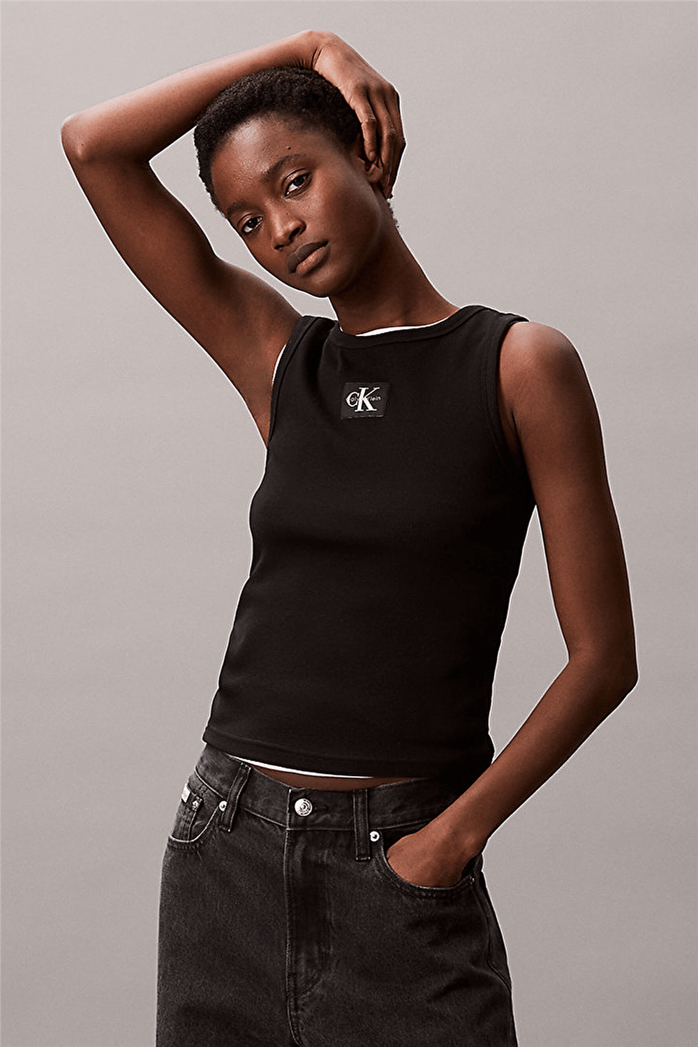 Calvin Klein Woven Label 2X2 Baby Rib Tank Kadın Kolsuz T-Shirt Siyah