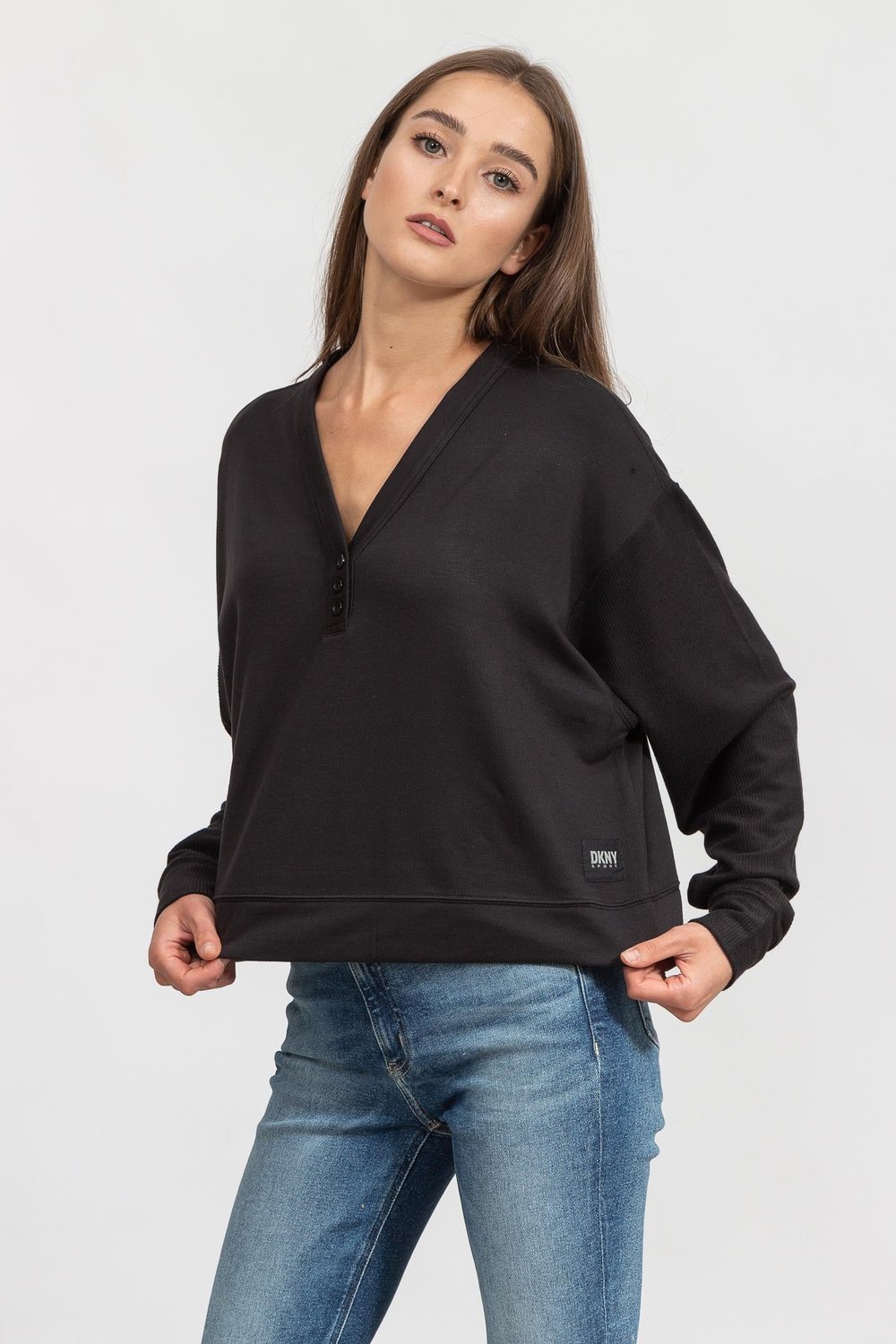 DKNY Cropped Henley Kadın Triko Siyah