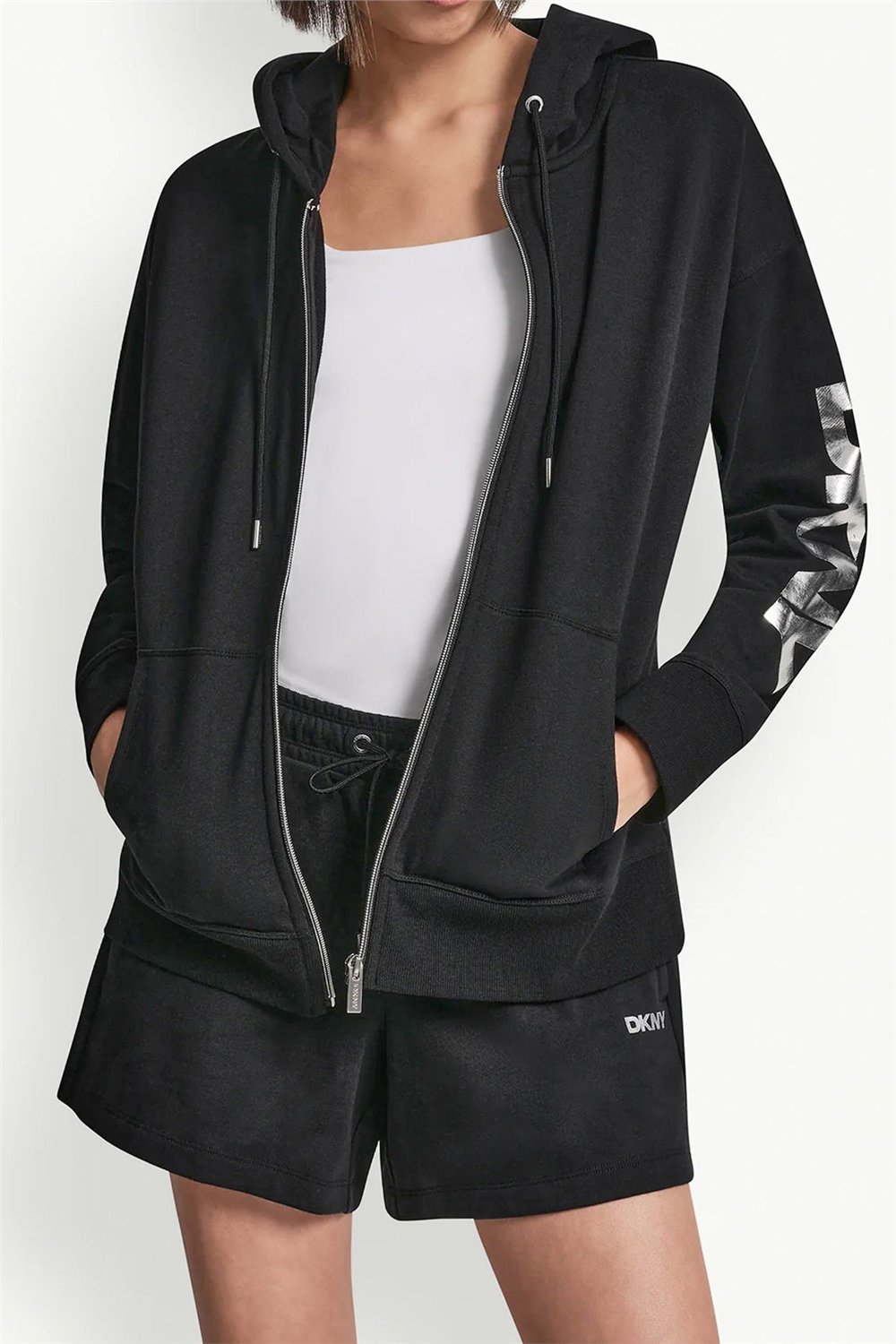 DKNY Kadın Dkny Foil Logo Full Kapüşonlu Sweatshirt Siyah