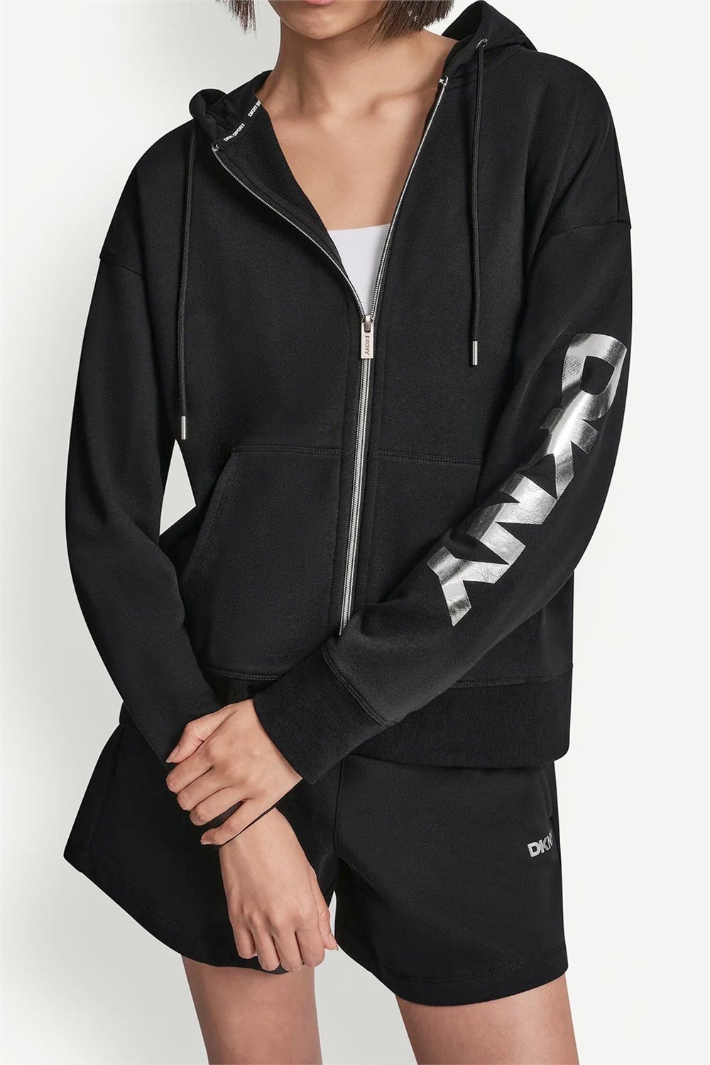 DKNY Kadın Dkny Foil Logo Full Kapüşonlu Sweatshirt Siyah