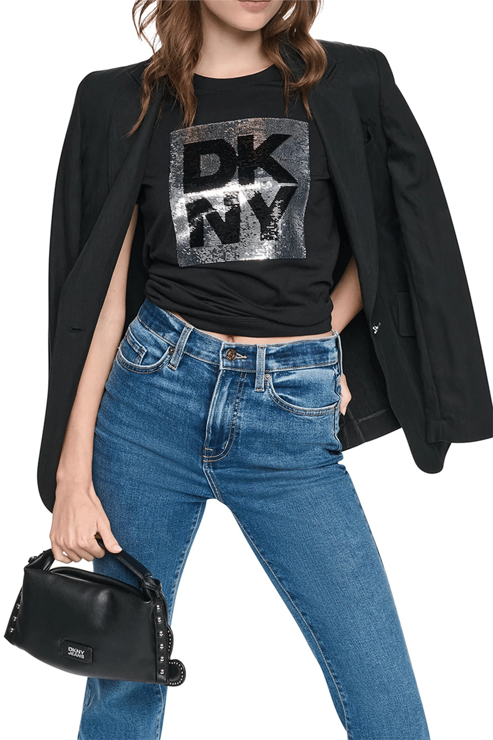 DKNY Kadın Dkny Ny Stacked Anim Bisiklet Yaka T-Shirt Siyah