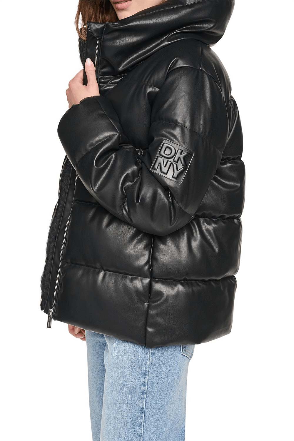 DKNY Kadın Faux Leather Puffer Şişme Mont Siyah