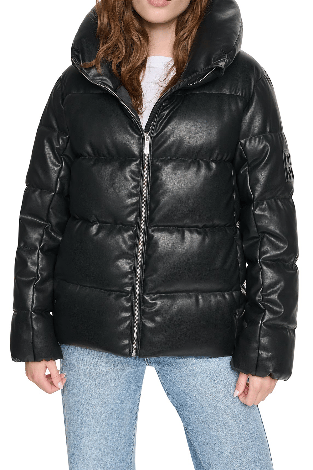 DKNY Kadın Faux Leather Puffer Şişme Mont Siyah
