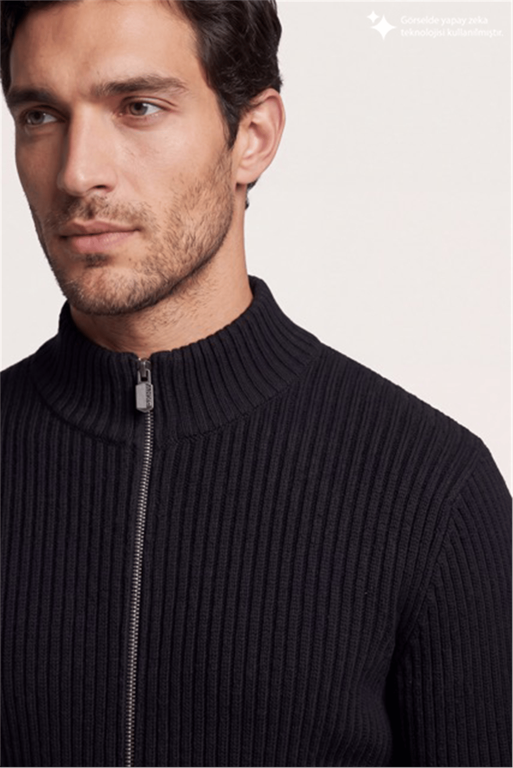 DKNY Ribbed Full-Zip Knit Sweater Erkek Triko Siyah